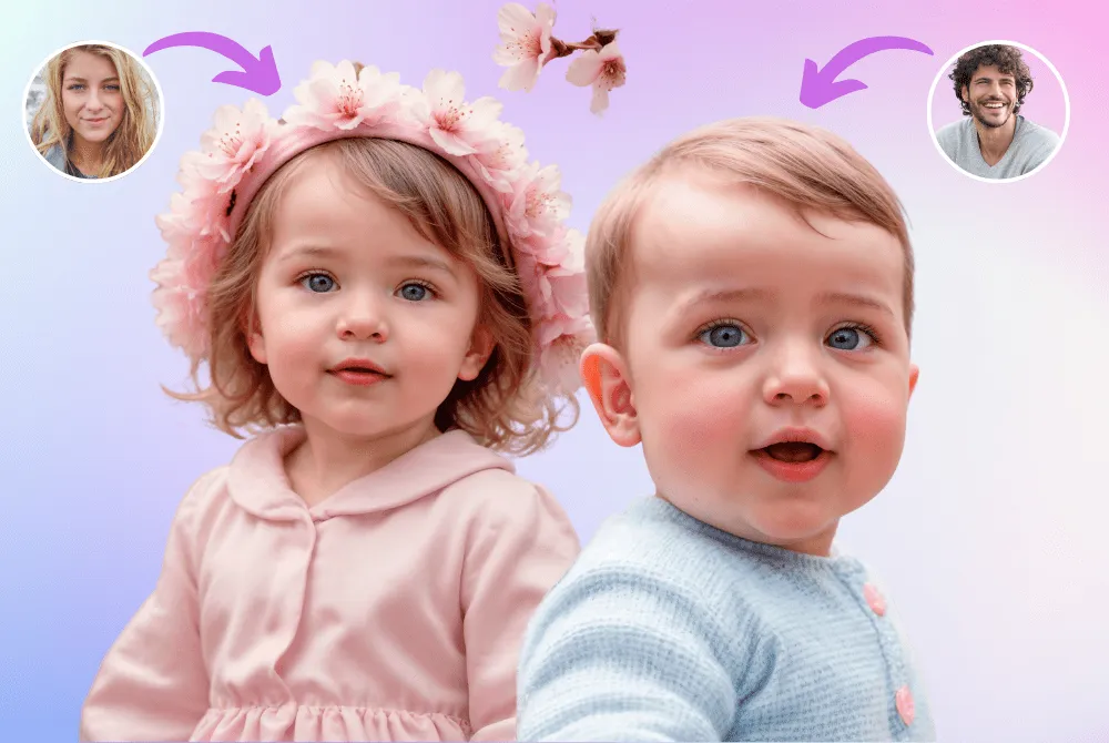 Two AI-generated baby portraits beside small photos of the parents they were made from